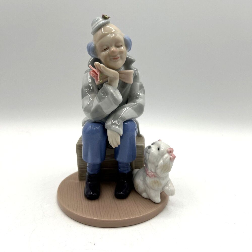 VTG Paul Sebastian Porcelain Daydreaming Seated Clown Figurine w/Dog Pink Bows
